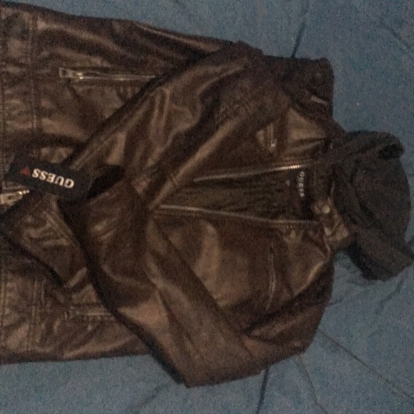 guess leather jacket with removable hood